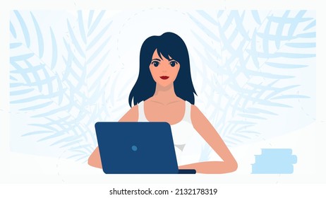 Woman with laptop Concept of work, education and shopping. Vector illustration in a flat style.