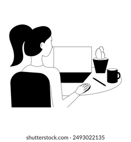 Woman with a laptop. Concept of work and study at home, freelancing. Employee and computer. Black and white line art minimalistic vector illustration isolated on a white background.