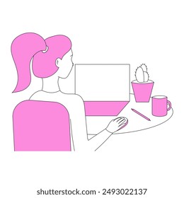 Woman with a laptop. Concept of work and study at home, freelancing. Employee and computer. Line art minimalistic vector illustration isolated on white background