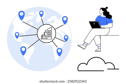 Woman with laptop connected to global network linking multiple locations. Ideal for remote work, global business, communication, technology, connectivity, international collaboration, digital