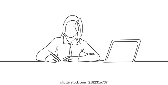 Woman with Laptop Continuous Line Drawing. Minimalist Female Business Portrait in Continuous One Line Style. Woman Working with Laptop Graphic Sketch Artwork Vector Illustration. Not AI