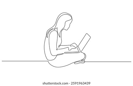 Woman with Laptop Continuous Line Drawing. Minimalist Female Working Portrait in Continuous One Line Style. Woman with Laptop Graphic Sketch Artwork Vector Illustration. Not AI
