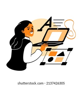 Woman with laptop. Copywriter smiling, freelancer at work, girl typing. Employee preparing article for magazine or website. Digital world and modern technologies. Cartoon flat vector illustration