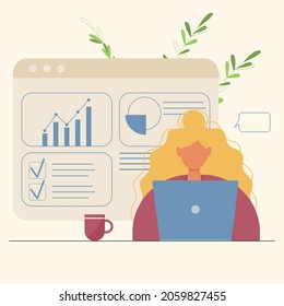 Woman with laptop and cup of coffee at the table. Сhart, graph, check marks and speech bubble on the background. Working, freelancing, studying, education, work from home concept vector illustration.