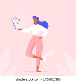 Woman with laptop and cup of tea standing in yoga pose. Calm character, peaceful freelancer working remotely. Flat vector illustration.