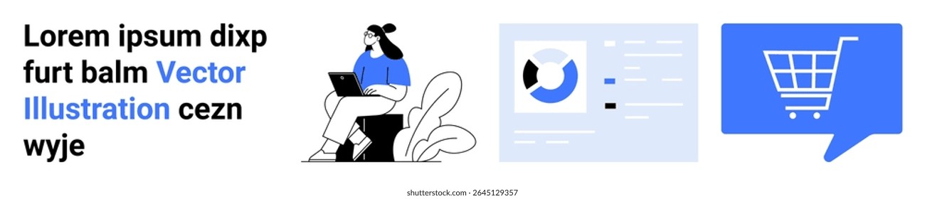 Woman with laptop, data analytics dashboard, shopping cart symbol. Ideal for e-commerce, digital business, analytics, online shopping, technology, marketing, website design. Landing page