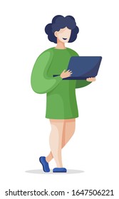 Woman with laptop doing data analysis, person with open computer isolated cartoon stye lady, green dress. Vector illustration smart worker analysing social information in internet networking ecommerce