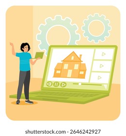 A woman with a laptop doing a video tour showing a house and its furnishings. Symbolizing digital planning related to architecture or technology. Home for sale concept.