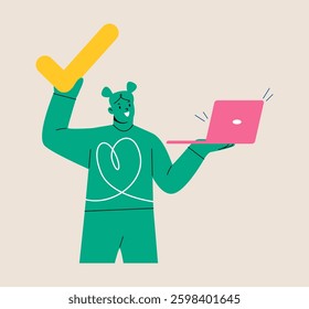 Woman with a laptop and done mark. Colorful vector illustration 