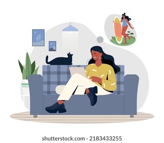 Woman with laptop dreaming about vacation. Freelancer or remote employee with cat. Emotional burnout and fatigue. Owner and pet at house, distance education. Cartoon flat vector illustration