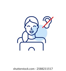 Woman at laptop and ear crossed with red line. Accessibility for deaf or hard-of-hearing individuals in digital workspaces. Productive noise free working environment. Pixel perfect, editable stroke ve