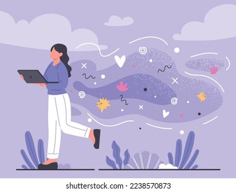 Woman with laptop. Education, training and learning metaphor, distance student or employee. Modern technologies and digital world. Poster or banner for website. Cartoon flat vector illustration