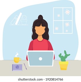 Woman with laptop, education or working concept. Home office during coronavirus outbreak concept, woman working from home. 