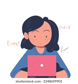 Woman at Laptop Engaged in Online Education and E-learning Having Lesson on Web Platform Vector Illustration