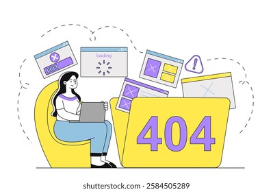 Woman with laptop facing 404 error, surrounded by floating broken web pages. Minimalist digital illustration on white background, concept of web issues