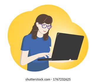 Woman with laptop in flat style. Concept illustration for working,  education, freelancing, studying, work from home. Vector illustration.