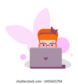 woman with laptop flat vector icon