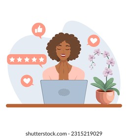 A woman with a laptop gets likes, comments, reviews, feedback. Blogger, freelancer. Illustration, clip art, vector