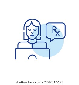 Woman at laptop getting an online prescription. Pixel perfect, editable stroke icon