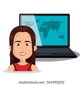 woman laptop globe online isolated