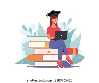 Frau mit Laptop in Graduierung Mütze sitzend um Stapel von Büchern. Konzepte Illustration von Online-Kursen, Fernstudium, Selbstbildung, digitale Bibliothek. E-Learning-Banner. Online-Bildung.