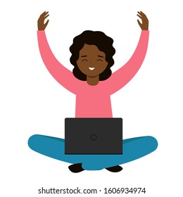 A woman with a laptop is happy about success. Happy freelancer female smiles and triumphs. 