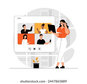 Woman with laptop have videoconference with colleagues, clients or friends. Online meeting, web conferencing, virtual call. Illustration with people scene in flat design for website and mobile develop