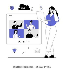 Mulheres com laptop têm videoconferência com colegas, clientes ou amigos. Reunião online, webconferência, chamada virtual. Ilustração vetorial com pessoas de linha para web design.	
