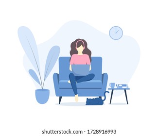 Woman with laptop and headphone while sitting on the sofa at home. Freelance working, studying, education, work from home, lifestyle, technology communication concept. Vector flat style illustration.