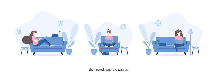 Woman with laptop and headphone while sitting on the sofa at home. Freelance working, studying, education, work from home, lifestyle, technology communication concept. Vector flat style illustration.