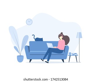 Woman with laptop and headphone while sitting on the sofa at home. Freelance working, studying, education, work from home, lifestyle, technology communication concept. Vector flat style illustration.