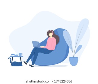 Woman with laptop and headphone while sitting on the sofa at home. Freelance working, studying, education, work from home, lifestyle, technology communication concept. Vector flat style illustration.