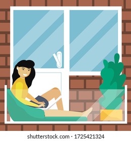 Woman with laptop and headphones sit on the glass balcony. Remote work from home, freelance. Online learning. Vector illustration with potted flower and sofa. Brick background.