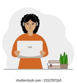 Woman with laptop and headphones. Working from home, student, freelancer, assistant, blogger or businessman. Home office concept. Vector flat illustration