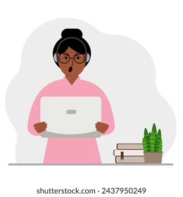 Woman with laptop and headphones. Working from home, student, freelancer, assistant, blogger or businessman. Home office concept.