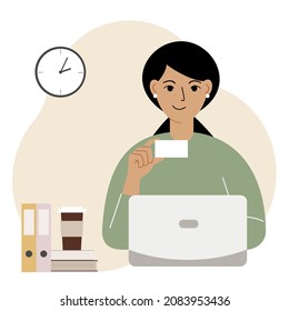 A woman with a laptop in her hand holds a business card. Card empty space for text. Vector