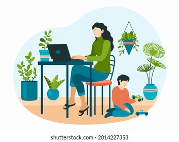 Woman with laptop in home plants interior. Female character works at table in cozy setting of potted potted flowers. Child is played on floor with toy cars. Vector flat illustration