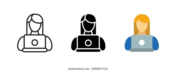 Woman with laptop icon. Female working on online education vector illustration. Digital study and learning concept. Modern technology or remote education and teaching system for professional growth.