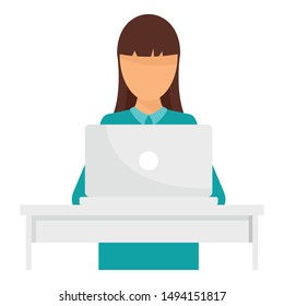 Woman at laptop icon. Flat illustration of woman at laptop vector icon for web design
