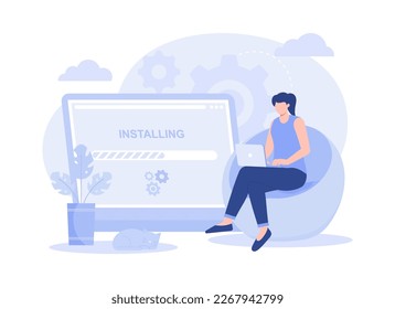 A woman an with laptop installing professional software, update process, download new version, get support from developer, software maintenance. Modern vector flat illustration