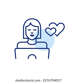 Woman at laptop and intertwined hearts. Online dating, long-distance relationship or virtual love hub user. Pixel perfect, editable stroke icon