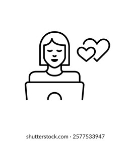 Woman at laptop and intertwined hearts. Online dating, long-distance relationship or virtual love hub user. Pixel perfect vector icon