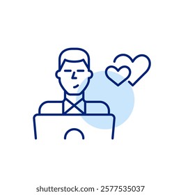 Woman at laptop and intertwined hearts. Online dating, long-distance relationship or virtual love hub user. Pixel perfect, editable stroke icon