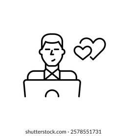 Woman at laptop and intertwined hearts. Online dating, long-distance relationship or virtual love hub user. Pixel perfect vector icon