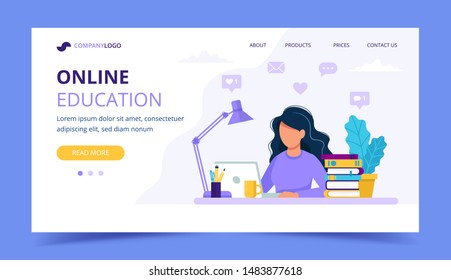 Woman with laptop landing page, education or working concept. Table with books, lamp, coffee cup. Vector illustration in flat style