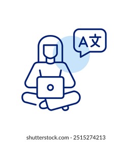 Woman at laptop learning foreign languages. Pixel perfect, editable stroke icon