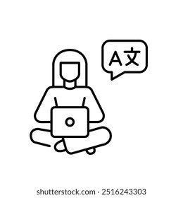 Woman at laptop learning foreign languages. Pixel perfect vector icon