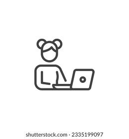 Woman with laptop line icon. linear style sign for mobile concept and web design. Girl using laptop computer outline vector icon. Symbol, logo illustration. Vector graphics