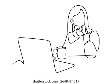 Mulher com um laptop. ícone de linha-desenho de linha contínua. Traçado editável.