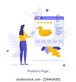 Frau mit Laptop Blick auf Browser-Fenster mit Produkt-Webseite. Konzept des Internet-Einzelhandels, Online-Shopping, Shop-Website mit Rezensionen oder Kundenrückmeldung. Moderne isometrische Vektorgrafik.